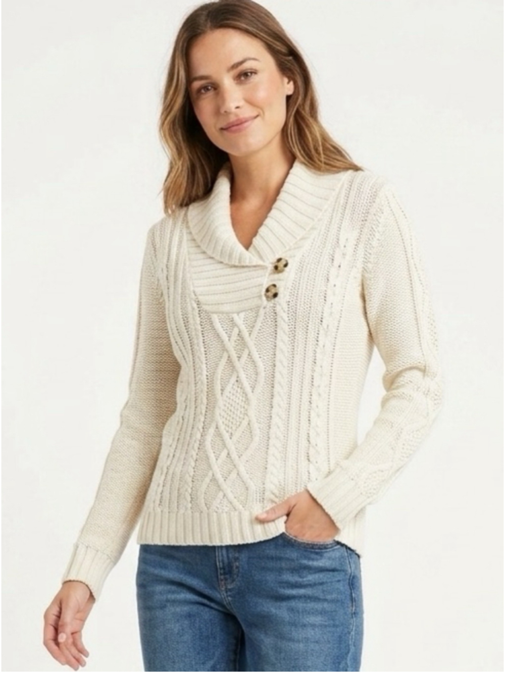 Eddie Bauer Cream Cable-Knit Shawl Collar Sweater with Toggle Accents Med - 555